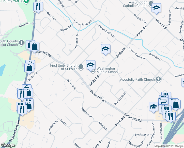 map of restaurants, bars, coffee shops, grocery stores, and more near 5165 Ambs Road in St. Louis