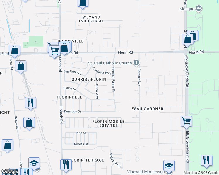 map of restaurants, bars, coffee shops, grocery stores, and more near 8659 Breanna Ct in Sacramento