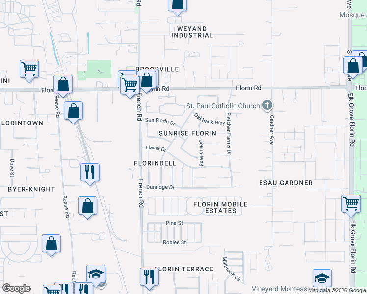 map of restaurants, bars, coffee shops, grocery stores, and more near 7371 Borba Way in Sacramento