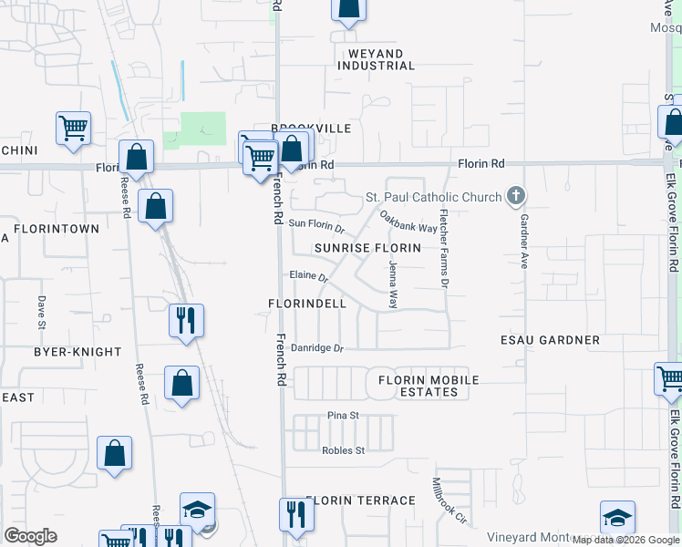 map of restaurants, bars, coffee shops, grocery stores, and more near 8549 Elaine Drive in Sacramento