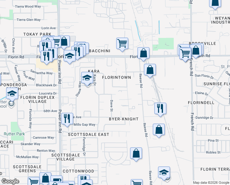 map of restaurants, bars, coffee shops, grocery stores, and more near 8261 Vida Court in Sacramento