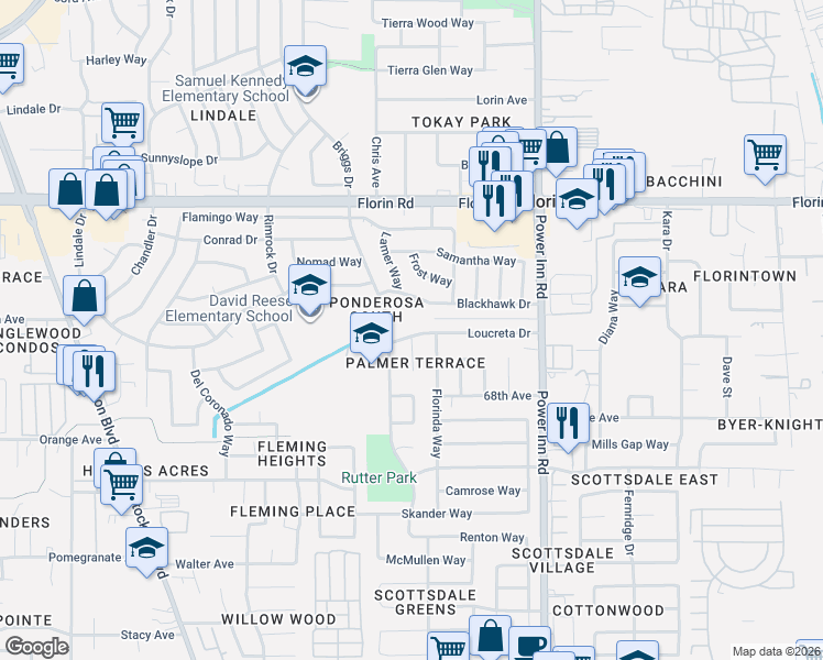 map of restaurants, bars, coffee shops, grocery stores, and more near 7600 Loucreta Drive in Sacramento