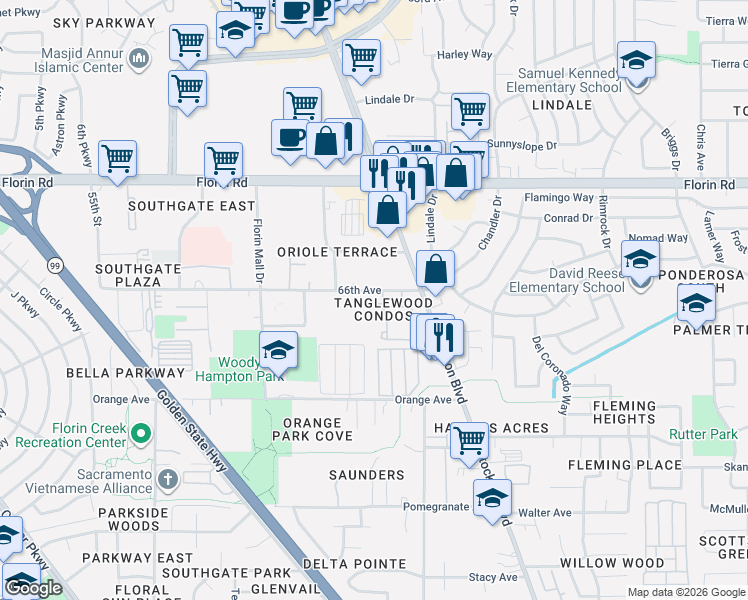 map of restaurants, bars, coffee shops, grocery stores, and more near 6400 66th Avenue in Sacramento