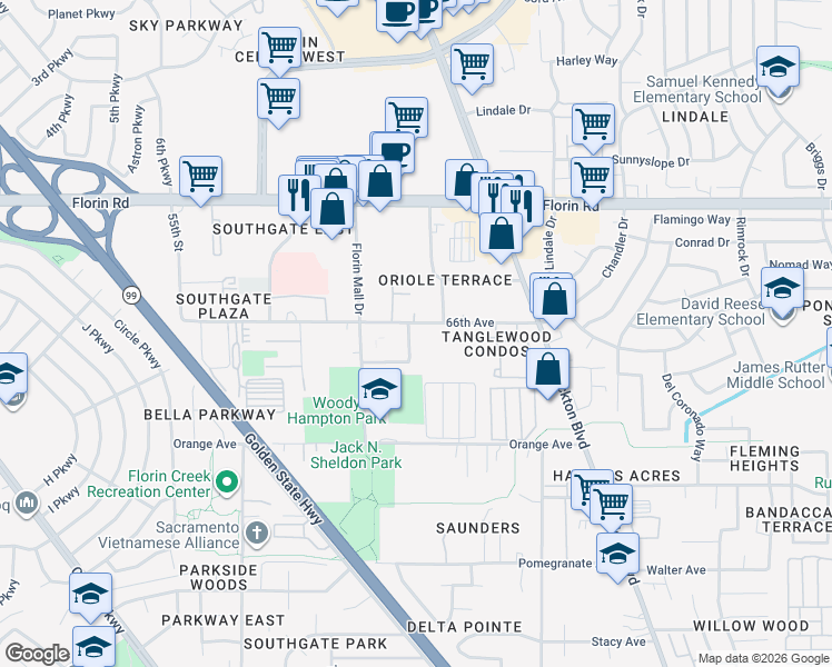 map of restaurants, bars, coffee shops, grocery stores, and more near 6131 Center Mall Way in Sacramento