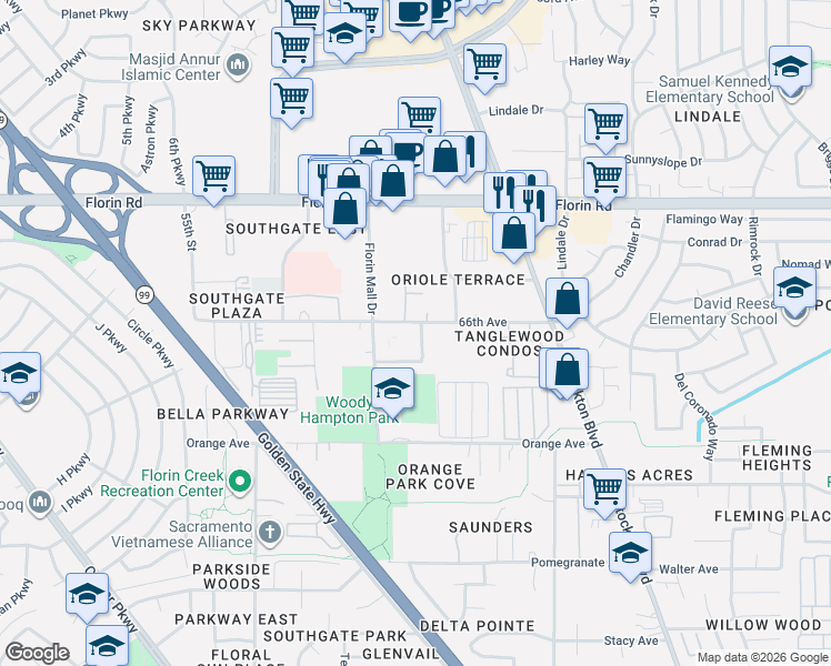 map of restaurants, bars, coffee shops, grocery stores, and more near 6131 Center Mall Way in Sacramento