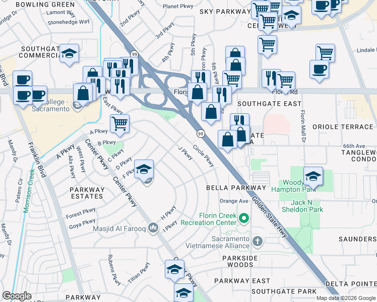 map of restaurants, bars, coffee shops, grocery stores, and more near 7421 East Parkway in Sacramento