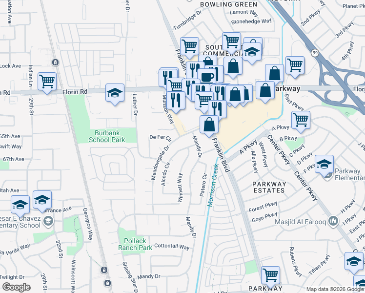 map of restaurants, bars, coffee shops, grocery stores, and more near 7309 Alcedo Circle in Sacramento