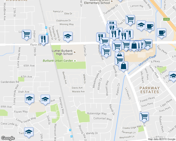 map of restaurants, bars, coffee shops, grocery stores, and more near 7315 Luther Drive in Sacramento