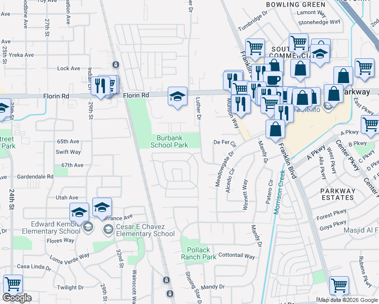map of restaurants, bars, coffee shops, grocery stores, and more near 151 Cooper Avenue in Sacramento