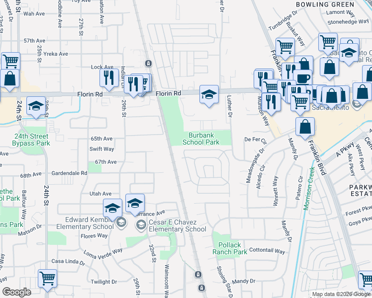 map of restaurants, bars, coffee shops, grocery stores, and more near 25 Bentley Avenue in Sacramento