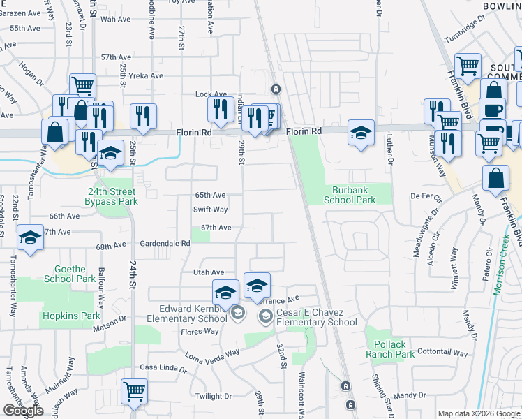 map of restaurants, bars, coffee shops, grocery stores, and more near 2911 Silk Court in Sacramento