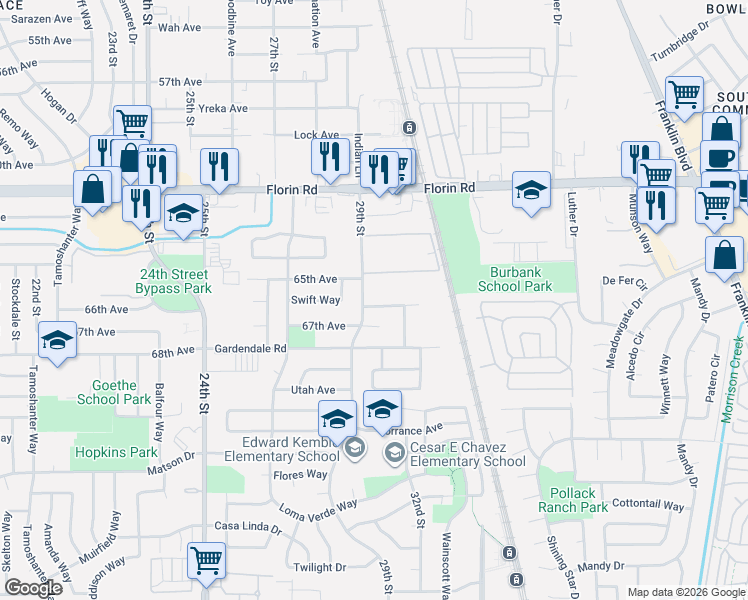 map of restaurants, bars, coffee shops, grocery stores, and more near 2911 Silk Court in Sacramento