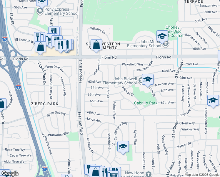 map of restaurants, bars, coffee shops, grocery stores, and more near 1509 65th Avenue in Sacramento