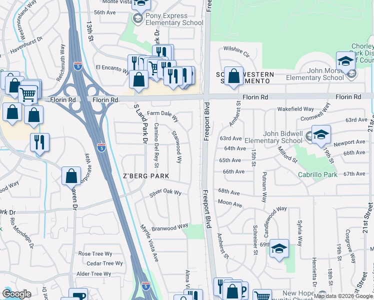 map of restaurants, bars, coffee shops, grocery stores, and more near 7320 Farm Dale Way in Sacramento