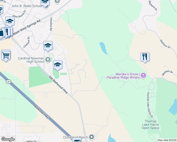 map of restaurants, bars, coffee shops, grocery stores, and more near 120 Angela Drive in Santa Rosa