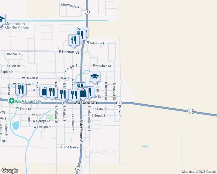 map of restaurants, bars, coffee shops, grocery stores, and more near 602 East Green Street in Mascoutah