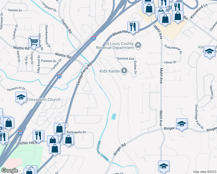 map of restaurants, bars, coffee shops, grocery stores, and more near 29 Kassebaum Lane in St. Louis