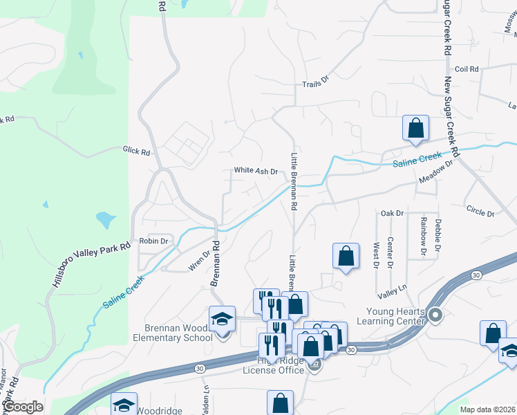 map of restaurants, bars, coffee shops, grocery stores, and more near 1502 Cassie Court in High Ridge