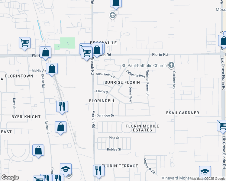 map of restaurants, bars, coffee shops, grocery stores, and more near 8549 Elaine Drive in Sacramento