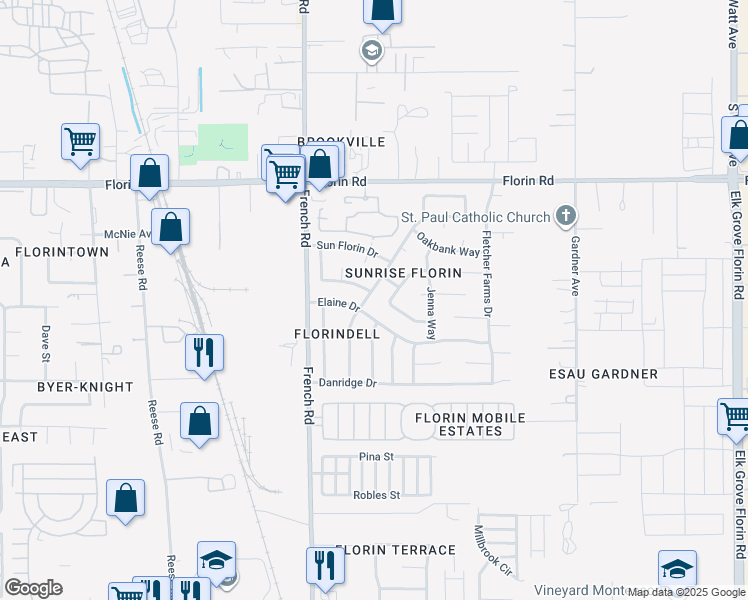 map of restaurants, bars, coffee shops, grocery stores, and more near 7271 Hayward Drive in Sacramento