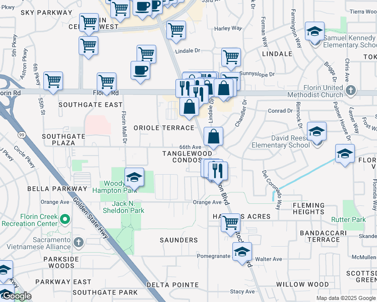 map of restaurants, bars, coffee shops, grocery stores, and more near 6400 66th Avenue in Sacramento