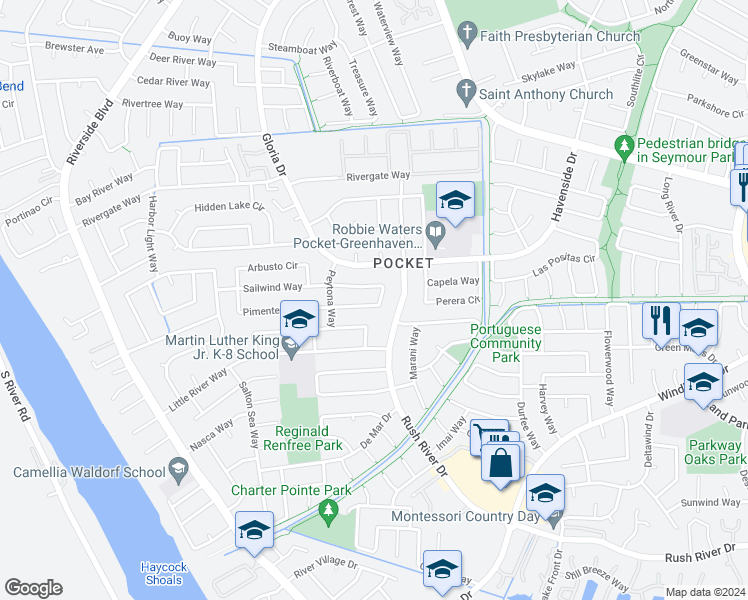 map of restaurants, bars, coffee shops, grocery stores, and more near 584 Valim Way in Sacramento