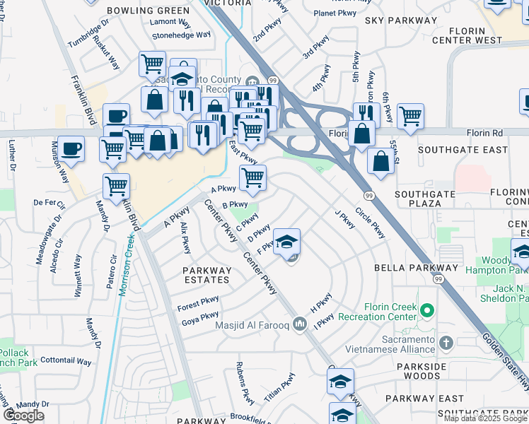 map of restaurants, bars, coffee shops, grocery stores, and more near 4713 B Parkway in Sacramento
