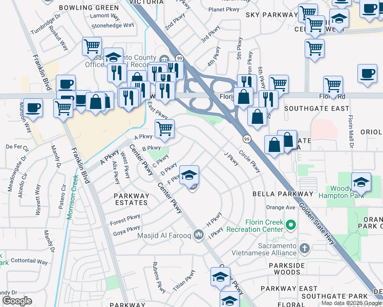 map of restaurants, bars, coffee shops, grocery stores, and more near 4830 D Parkway in Sacramento