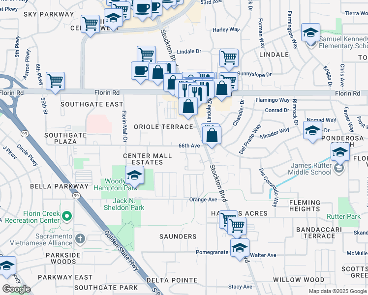 map of restaurants, bars, coffee shops, grocery stores, and more near 6334 Requa Way in Sacramento