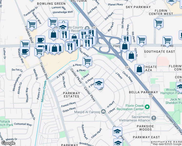 map of restaurants, bars, coffee shops, grocery stores, and more near 4713 B Parkway in Sacramento