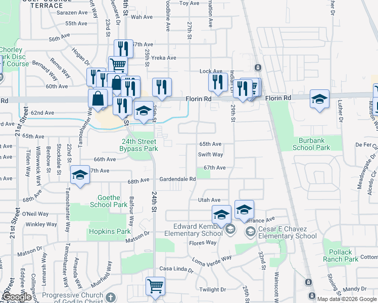 map of restaurants, bars, coffee shops, grocery stores, and more near 2551 65th Avenue in Sacramento