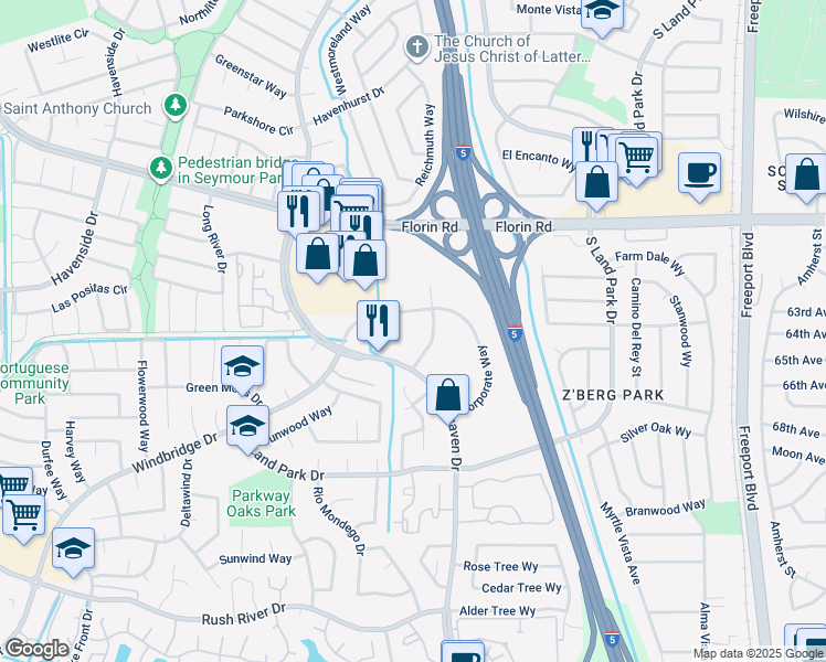 map of restaurants, bars, coffee shops, grocery stores, and more near 1180 Corporate Way in Sacramento