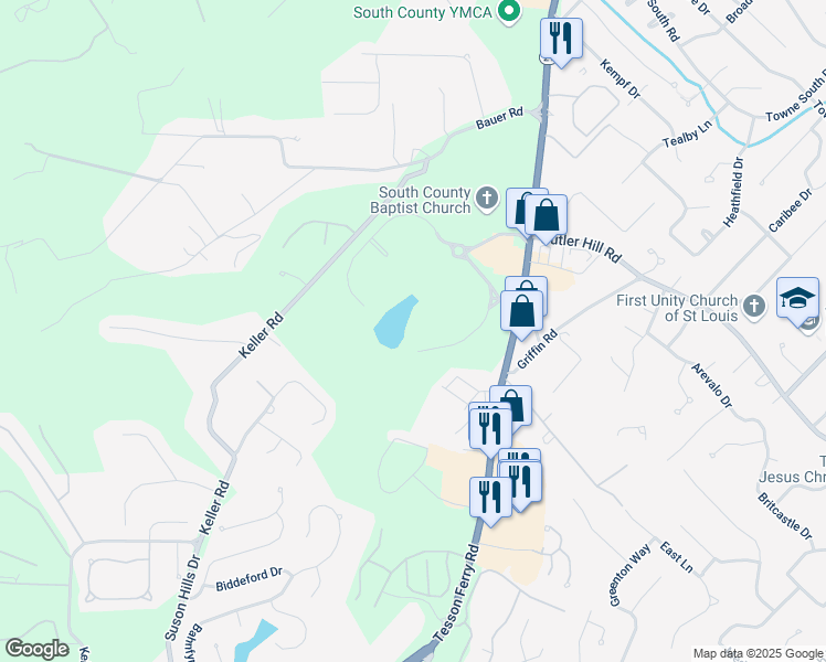 map of restaurants, bars, coffee shops, grocery stores, and more near 13045 Tesson Ferry Road in St. Louis