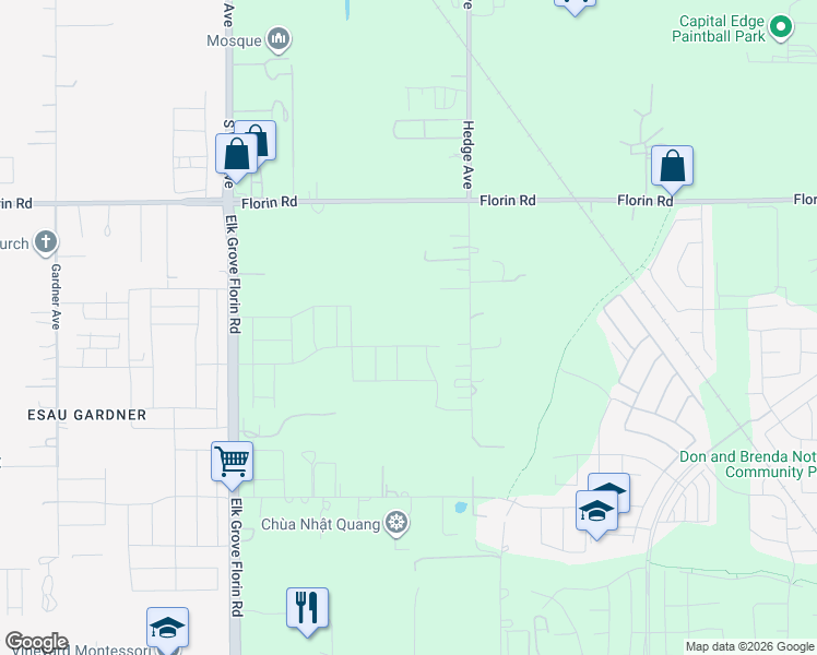 map of restaurants, bars, coffee shops, grocery stores, and more near 7304 Hedge Avenue in Sacramento