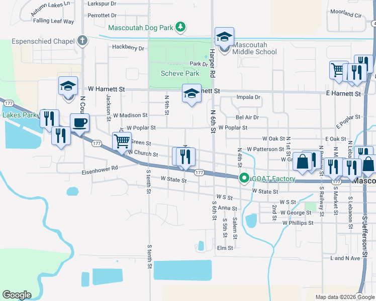 map of restaurants, bars, coffee shops, grocery stores, and more near 215 North 8th Street in Mascoutah