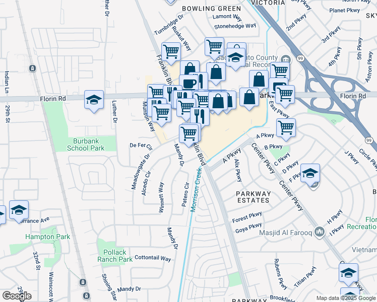 map of restaurants, bars, coffee shops, grocery stores, and more near 7290 Franklin Boulevard in Sacramento