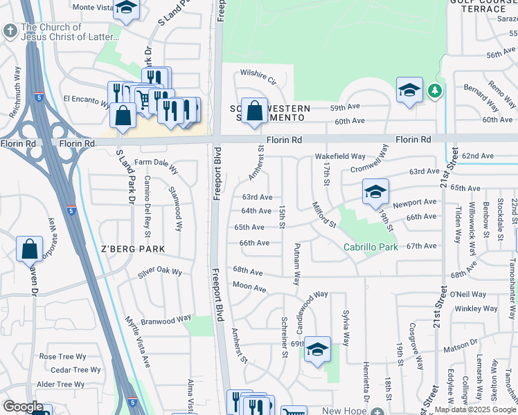 map of restaurants, bars, coffee shops, grocery stores, and more near 1443 64th Avenue in Sacramento