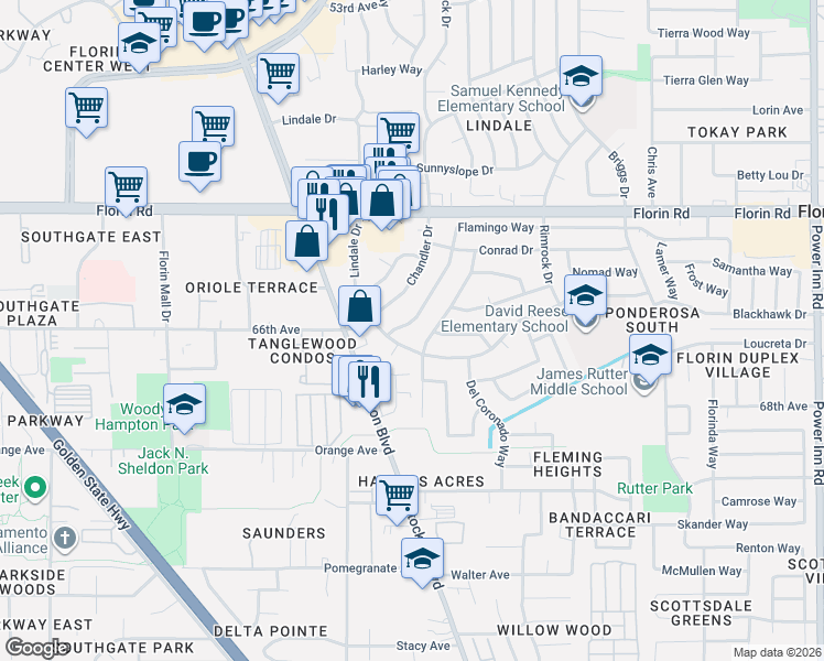 map of restaurants, bars, coffee shops, grocery stores, and more near 7261 Chandler Drive in Sacramento