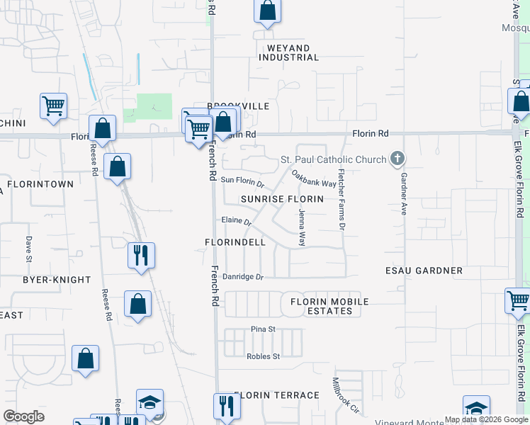 map of restaurants, bars, coffee shops, grocery stores, and more near 7252 Hayward Drive in Sacramento