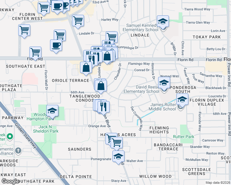 map of restaurants, bars, coffee shops, grocery stores, and more near 7261 Chandler Drive in Sacramento