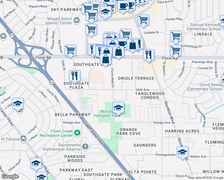 map of restaurants, bars, coffee shops, grocery stores, and more near 7283 Florin Mall Drive in Sacramento
