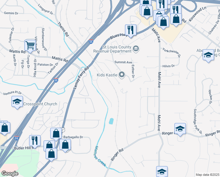 map of restaurants, bars, coffee shops, grocery stores, and more near 3538 Pearson Pointe Court in St. Louis