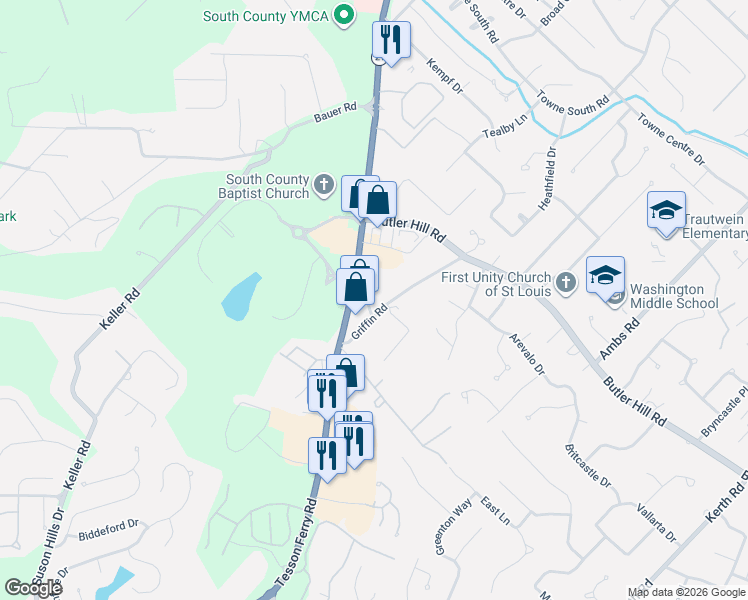 map of restaurants, bars, coffee shops, grocery stores, and more near 13065 Old Tesson Road in St. Louis