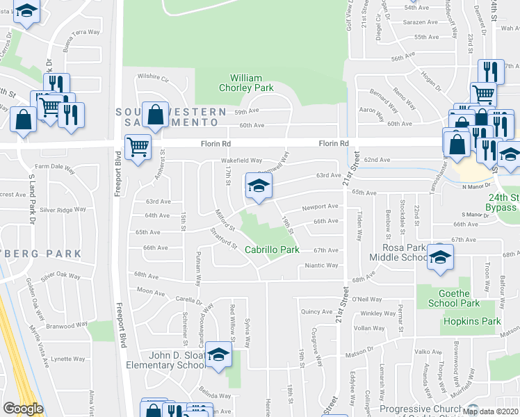 map of restaurants, bars, coffee shops, grocery stores, and more near 1730 65th Avenue in Sacramento