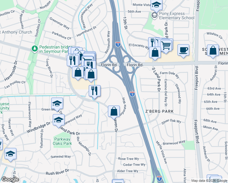 map of restaurants, bars, coffee shops, grocery stores, and more near 40 Park City Court in Sacramento