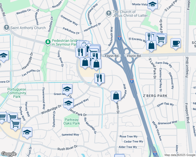 map of restaurants, bars, coffee shops, grocery stores, and more near 996 Florin Road in Sacramento