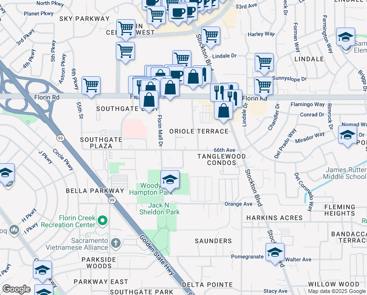 map of restaurants, bars, coffee shops, grocery stores, and more near 6201 66th Avenue in Sacramento