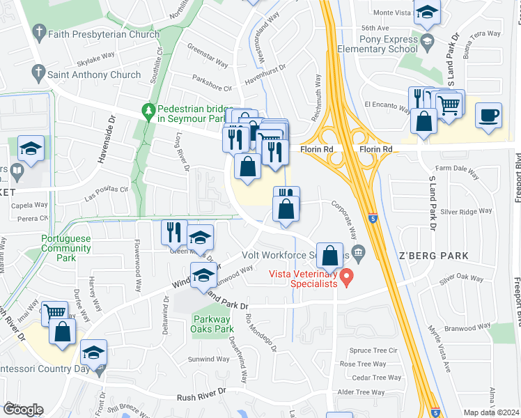 map of restaurants, bars, coffee shops, grocery stores, and more near 7311 Greenhaven Drive in Sacramento