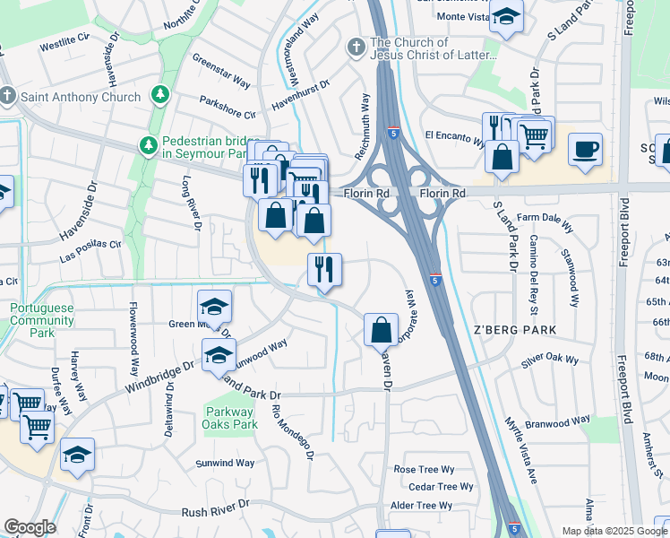map of restaurants, bars, coffee shops, grocery stores, and more near 1541 Corporate Way in Sacramento