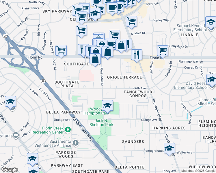 map of restaurants, bars, coffee shops, grocery stores, and more near 7283 Florin Mall Drive in Sacramento